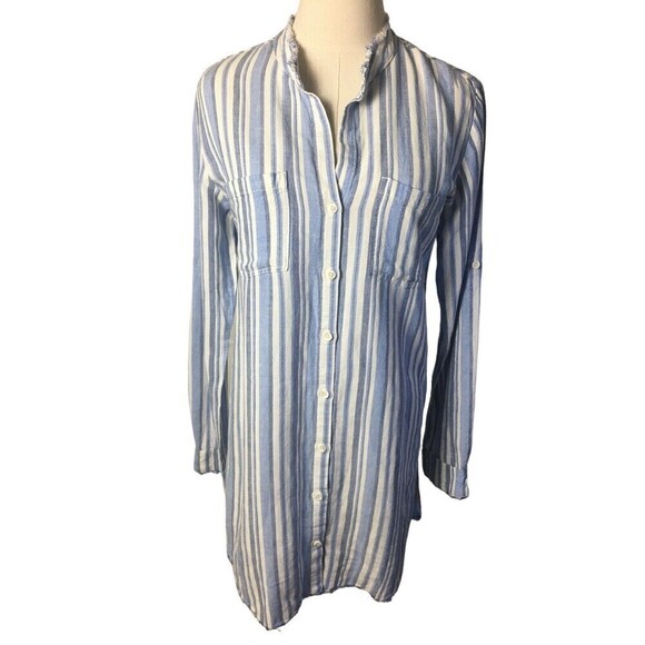 Cloth & Stone Size XS Dress Western Striped Fray Hem Button Shirt Blue Linen - Picture 1 of 7